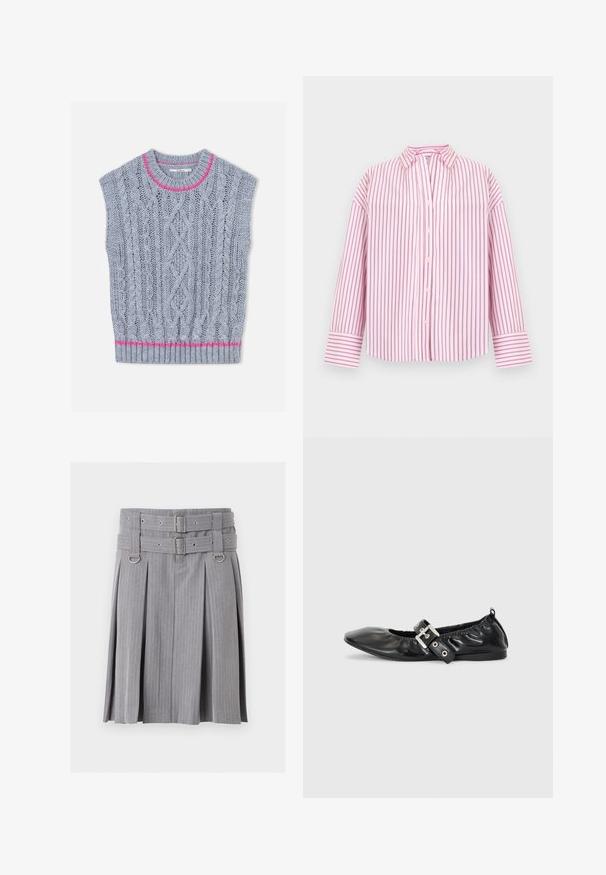 Gilet en tricot gris clair avec un motif torsadé, un accent rose autour de l'encolure et un ourlet inférieur côtelé. Manches courtes.; Chemise rose pâle à manches longues avec rayures verticales rose foncé, devant boutonné, col pointu et larges poignets.; Jupe plissée grise à fines rayures avec double ceinture et détails de boucles argentées, présentant des accents anneaux en D à la taille.; Chaussure plate en cuir noir avec un nez pointu, des détails froncés autour de l'ouverture et un accent en boucle argentée sur la bride ajustable.