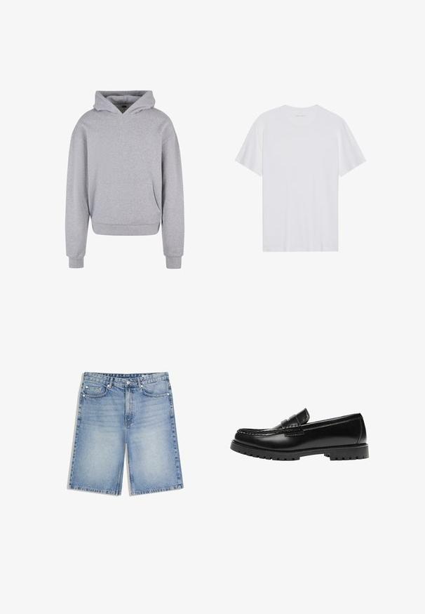 Grijze katoenen hoodie met een voorzak, een capuchon met trekkoord en ribgebreide manchetten en zoom. Heeft een zachte, gestructureerde afwerking.; Witte katoenen T-shirt met korte mouwen, een ronde hals en een gladde textuur. Heeft minimale branding op de halslijn.; Lichtblauwe denim shorts met voorsluiting met knoop en rits, broekriemlussen, twee voorzakken en een muntzakje.; Zwarte leren loafer met een dikke rubberen zool en klassieke penny-strap details, gezien vanaf de buitenkant.