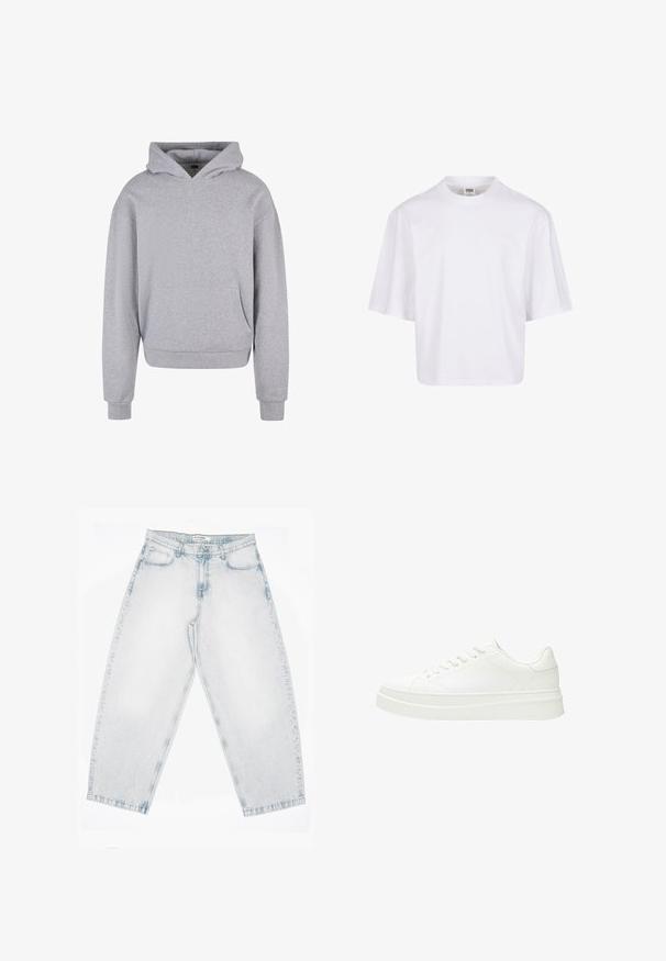 Grijze katoenen hoodie met een voorzak, een capuchon met trekkoord en ribgebreide manchetten en zoom. Heeft een zachte, gestructureerde afwerking.; Witte, kortekorte t-shirt met een ronde hals en een ontspannen pasvorm, gemaakt van een zachte katoenmix. Geen patronen of versieringen.; Lichtgewassen spijkerbroek met een hoge taille, rechte, wijde pijpen, knoop- en ritssluiting en voor- en achterzakken.; Witte sneaker met een glad leren bovenwerk, platte veters en een dikke rubberen zool. Minimalistisch ontwerp met subtiele stiksel en naadloze accenten.