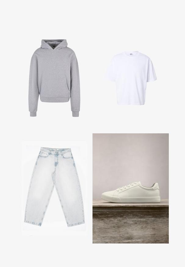 Haut à capuche en coton gris avec une poche avant, un cordon de serrage à la capuche et des poignets et un ourlet côtelés. Présente une finition douce et texturée.; T-shirt blanc uni en coton à manches courtes, col rond, coupe ample et étiquette de marque Urban Classic à l'intérieur du col.; Jean en denim délavé clair avec une taille haute, des jambes droites et larges, une fermeture à boutons et zip, ainsi que des poches à l'avant et à l'arrière.; Sneaker en dentelle blanche flottant au-dessus d'un banc en bois avec un feuillage vert en arrière-plan, mettant en valeur le design et la texture de la chaussure.