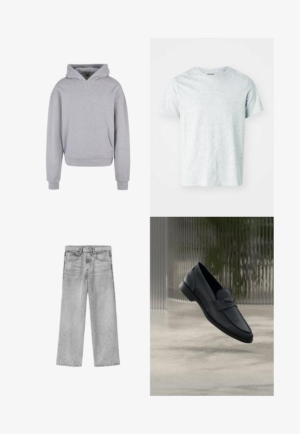 Grijze katoenen hoodie met een voorzak, een capuchon met trekkoord en ribgebreide manchetten en zoom. Heeft een zachte, gestructureerde afwerking.; Lichtgrijze, korte mouwen t-shirt van zacht stof, met een ronde hals en een iets relaxte fit. Geen zichtbare patronen of graphics.; Lichtgrijze wijde denim jeans met voorzakken, riemlussen en knoopsluiting.; Zwarte leren loafer met een gladde afwerking, puntige neus en gestikte details over de wreef. Lage hak en minimalistisch ontwerp.