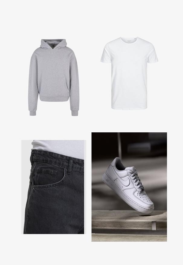 Γκρι φλις hoodie από βαμβάκι με μπροστινή τσέπη, κουκούλα με κορδόνι και ρέλι στους καρπούς και το τελείωμα. Διαθέτει απαλή, υφασμένη υφή.; Μπλούζα κοντομάνικη με στρογγυλή λαιμόκοψη σε λευκό χρώμα, φτιαγμένη από απαλό βαμβάκι, διαθέτει απλό σχέδιο χωρίς ορατά μοτίβα ή διακοσμητικά.; Μαύρο τζιν από τζιν με εμφανές μπροστινό τσέπη και θηλιά ζώνης, φορεμένο με άσπρο ριμπ μπλουζάκι που είναι μπαλωμένο στη μέση.; Λευκό δερμάτινο αθλητικό παπούτσι Nike Air Force 1 με διάτρητο μπροστινό μέρος, επίπεδα κορδόνια και υφή στην καουτσούκ σόλα με το λογότυπο "AIR" στην πλευρά.