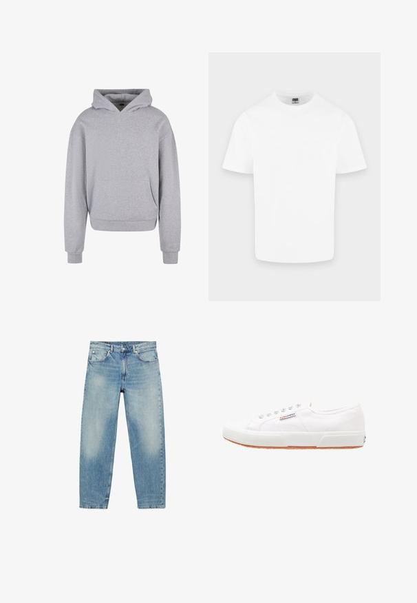 Haut à capuche en coton gris avec une poche avant, un cordon de serrage à la capuche et des poignets et un ourlet côtelés. Présente une finition douce et texturée.; T-shirt blanc uni en coton à manches courtes et col rond présenté sur un fond gris clair.; Jean droit en denim bleu avec poches avant et passants de ceinture, présentant des détails légèrement décolorés sur les cuisses et les genoux.; Baskets en toile blanches avec une semelle en caoutchouc, design à lacets et une petite étiquette logo sur le côté. Tige blanche texturée et semelle extérieure marron.