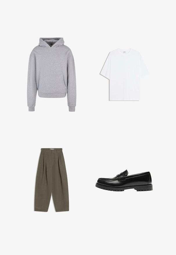 Grå bomulds-hoodie med en frontlomme, snoretræk i hætten og ribbede manchetter og kant. Har en blød, tekstureret overflade.; Hvid oversized bomulds t-shirt med rund hals og korte ærmer; glat tekstur, uden synlige mønstre eller accenter.; Plisserede bukser i et afdæmpet olivengrønt stof med høj talje, vide ben og enkelt lukning med en knap foran. Glat tekstur.; Sort læderloafer med en kraftig gummisål og klassiske penny-strap detaljer, vist fra ydersiden.