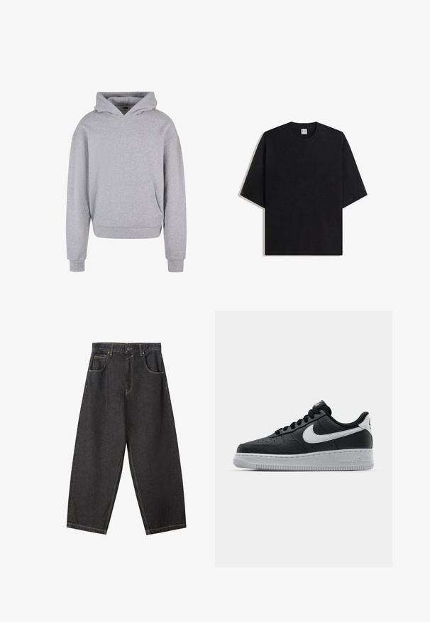 Grå bomulds-hoodie med en frontlomme, snoretræk i hætten og ribbede manchetter og kant. Har en blød, tekstureret overflade.; Sort oversized t-shirt med rund hals og korte ærmer, lagt fladt på hvid baggrund, Bershka-mærket synligt inde i kraven.; Sorte denim brede bukser med gule sømme, fem-lomme-design og en mid-rise talje. Struktureret stof med en glat overflade.; Sort lædersneaker med tekstureret overflade, hvid Nike swoosh, grå sål, rund tå og snørebåndsdesign. Har perforeringer på tåboksen.
