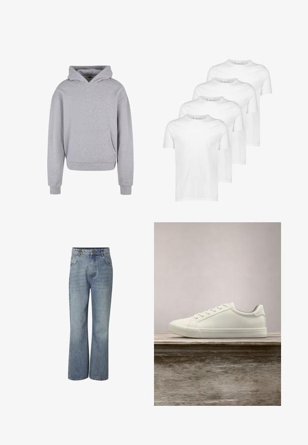 Grijze katoenen hoodie met een voorzak, een capuchon met trekkoord en ribgebreide manchetten en zoom. Heeft een zachte, gestructureerde afwerking.; Witte katoenen T-shirts, korte mouwen, ronde halslijn, gladde textuur, vier stuks gestapeld met een consistent ontwerp en zonder patronen of accenten.; Blauwe denim spijkerbroek met hoge taille, wijde pijpen, knoopsluiting aan de voorkant, ceintuurlussen en zakken voor en achter.; Witte vetersneaker die boven een houten bank zweeft met groene bladeren op de achtergrond, waarbij het ontwerp en de textuur van de schoen worden getoond.