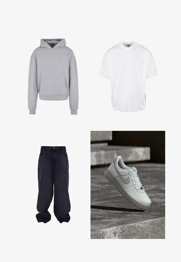 Grijze katoenen hoodie met een voorzak, een capuchon met trekkoord en ribgebreide manchetten en zoom. Heeft een zachte, gestructureerde afwerking.; Witte katoenen t-shirt met een relaxte pasvorm, korte mouwen en een ronde halslijn, met een rechte zoom en geen zichtbare grafische afbeeldingen of patronen.; Zwarte oversized baggy jeans met knoop- en ritssluiting aan de voorkant, voorzakken en losse, brede pijpen.; Witte Nike Air Force 1 sneaker zwevend boven een geribbelde betonnen ondergrond met stenen traptreden op de achtergrond.