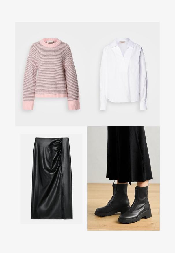 Pull rayé avec un schéma de couleurs rose clair et gris, texture douce en maille, poignets côtelés et encolure ronde.; Chemise blanche à manches longues en tissu texturé léger, dotée d'un décolleté en V, d'un col surdimensionné et de fines rayures verticales.; Jupe en cuir noir avec une texture lisse, présentant une section froncée sur un côté et une fente sur le côté pour un détail supplémentaire.; Bottines en cuir noir avec une semelle plateforme épaisse et une fermeture éclair à l'avant. Texture lisse avec un design minimaliste.