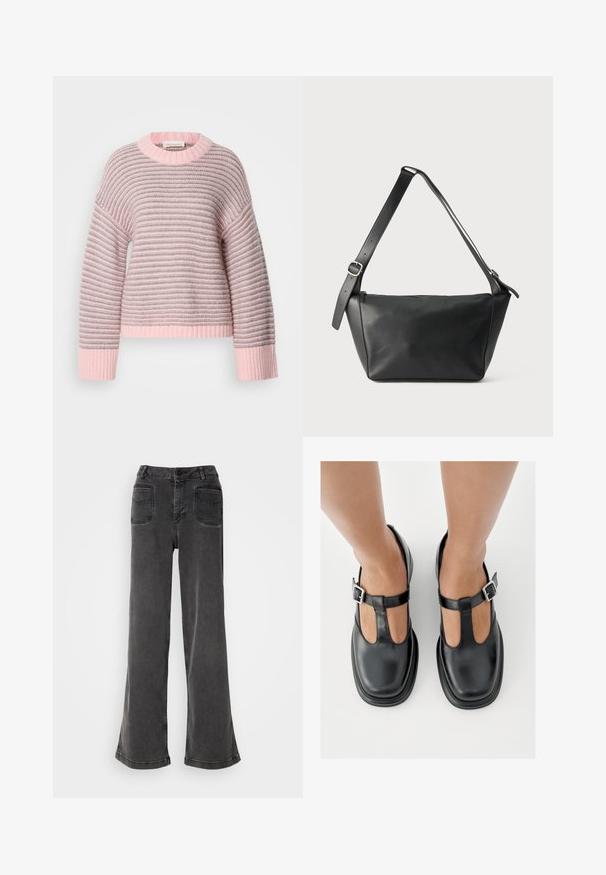 Pull rayé avec un schéma de couleurs rose clair et gris, texture douce en maille, poignets côtelés et encolure ronde.; Jean noir taille haute à jambes larges en denim, avec une fermeture à bouton, des passants de ceinture et deux poches arrière avec des accents cousus.; Chaussures en cuir noir avec un design à bride en T, bout fermé et accents de boucles argentées. Texture lisse avec un bout arrondi et une semelle plate.; Sac à bandoulière en cuir noir avec une large sangle réglable et une boucle argentée, présenté sur un fond clair uni.