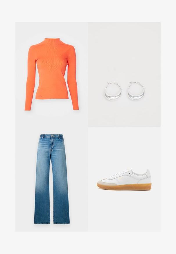 Ribbet turtleneck sweater i lys orange, med lange ærmer og en tætsiddende silhuet samt et V-design element på forsiden.; Bredde jeans i lyseblå denim med klassisk fem-lomme design og en subtil gradient tekstur fra mørkere til lysere blå.; Hvide lædersneakers med beige ruskindsdetaljer, gummisål og snøredesign. Har diskret branding i guld.; Sølv hoops øreringe med en poleret overflade og DKNY branding, præsenteret mod en simpel hvid baggrund.