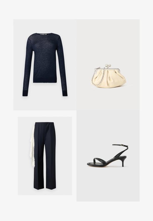 Pull bleu marine à manches longues en tissu léger et texturé, avec un col rond et des manches ajustées, arborant un design subtil et respirant.; Pantalon noir à jambe droite avec une taille haute, avec un foulard en dentelle blanche suspendu sur le côté gauche.; Sandale pour femme en cuir noir avec fines lanières, une boucle d'orteil, une boucle à la cheville et un talon aiguille de hauteur moyenne sur un fond neutre.; Pochette en cuir beige plissé avec un cadre en métal argenté, dotée de deux fermoirs ronds décoratifs et d'une chaîne en argent.
