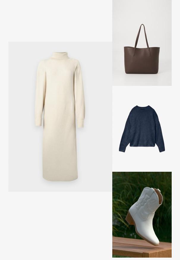 Marineblauwe ronde hals sweater met lange mouwen en geribbelde manchetten en onderrand, gemaakt van zachte gebreide stof.; Crèmekleurige gebreide jurk met een hoge kraag, lange pofmouwen en een midi-lengte. Heeft een textuur met een lichte ribstructuur.; Witte leren cowboylaars tot halverwege de kuit met decoratief stiksel en een opgestapelde houten hak, rustend op een houten oppervlak buiten.; Brune leren tote bag met een gestructureerd oppervlak, twee schouderriemen en een ruime open indeling zonder buitenzakken.