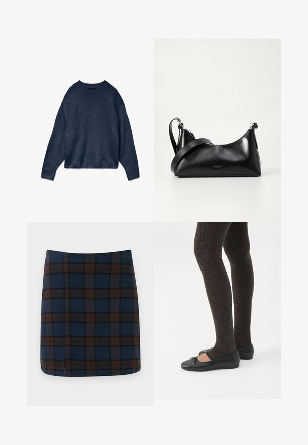 Pull col rond bleu marine avec manches longues et bords côtelés, fabriqué en tissu tricoté doux.; Jupe mini en tartan bleu marine avec des lignes marron et grises, fabriquée dans un tissu lisse, avec une fente discrète au dos pour plus de liberté de mouvement.; Jambes portant des leggings côtelés foncés associés à des ballerines noires avec de petits détails en nœud sur fond blanc.; Sac à main en cuir noir avec une texture lisse. Dispose d'une bandoulière adjustable et d'un design élégant et minimaliste avec une fermeture éclair.