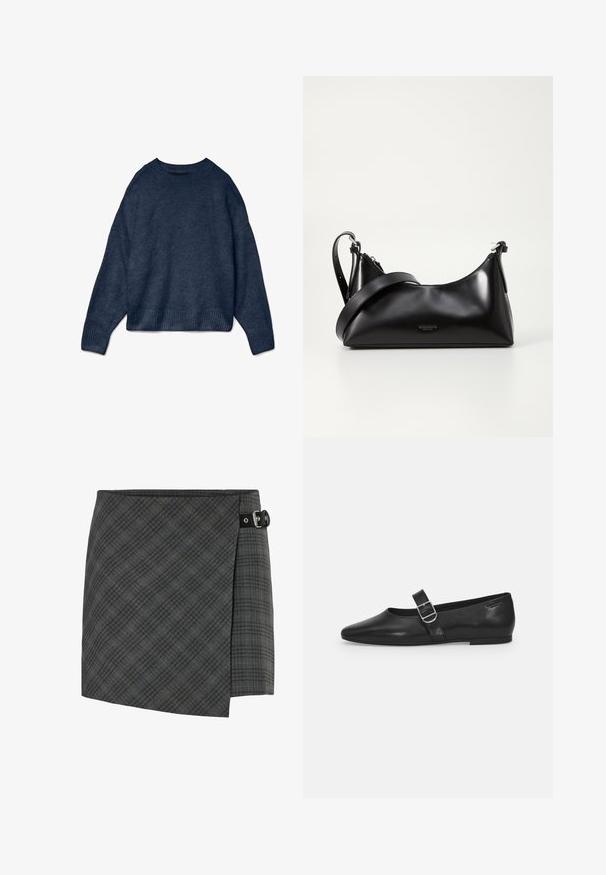 Marineblauwe ronde hals sweater met lange mouwen en geribbelde manchetten en onderrand, gemaakt van zachte gebreide stof.; Donkergrijze geruite wollen wikkelrok met zwarte gespdetail aan de rechterzijde, rechte zoom en subtiele diagonale lijnenpatroon.; Zwarte leren platte schoen met een ronde neus, een enkele verstelbare gespsluiting en een gladde, glanzende textuur. Minimalistisch ontwerp met een lage hak.; Zwarte leren handtas met een gladde textuur. Beschikt over een verstelbare schouderband en een strak, minimalistisch ontwerp met een ritssluiting.