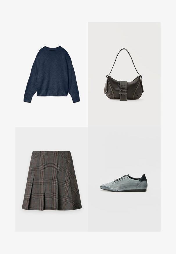 Mørkeblå crewneck sweater med lange ærmer samt ribbede manchetter og kant, lavet af blødt strikket stof.; Gråternet nederdel med plisseringer, prydet med intrikate mønstre i sort og hvid, akkompagneret af tynde røde linjer. Fremstillet af et struktureret stof.; Lysegrå læder sneakers med et strømlinet design, der har stikninger, sorte snørebånd og en mørk hælaccent. Gummisål.; Sort læder skuldertaske med spænde på remmen, afrundede kanter og kontrasterende hvide syninger på en ensfarvet baggrund.