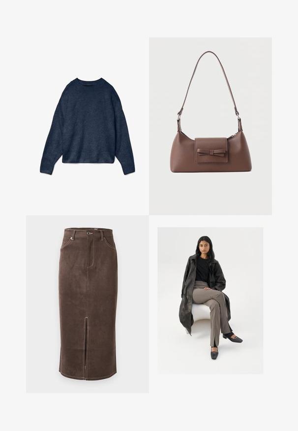 Mørkeblå crewneck sweater med lange ærmer samt ribbede manchetter og kant, lavet af blødt strikket stof.; Brun ruskind pencilskørt med frontslids, kontrasterende hvid syning og klassisk fem-lomme design. Klassisk knaplukning i taljen.; Sort læder trench coat, sort skjorte, beige højtaljede bukser, sorte firkantede sko med sølv spænde, siddende på en hvid stol.; Brun skuldertaske i læder med en frontlomme med klap, der har en sydd sløjfedetalje, og en justerbar rem.
