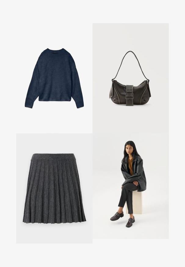 Mørkeblå crewneck sweater med lange ærmer samt ribbede manchetter og kant, lavet af blødt strikket stof.; Vero Moda Knitted VMMARINA Short - Mini skirts - dark grey; Kvinde med langt sort hår siddende på en lys blok, iført en sort læderjakke, brun top, sorte bukser og mørkebrune sko med spænder.; Sort læder skuldertaske med spænde på remmen, afrundede kanter og kontrasterende hvide syninger på en ensfarvet baggrund.