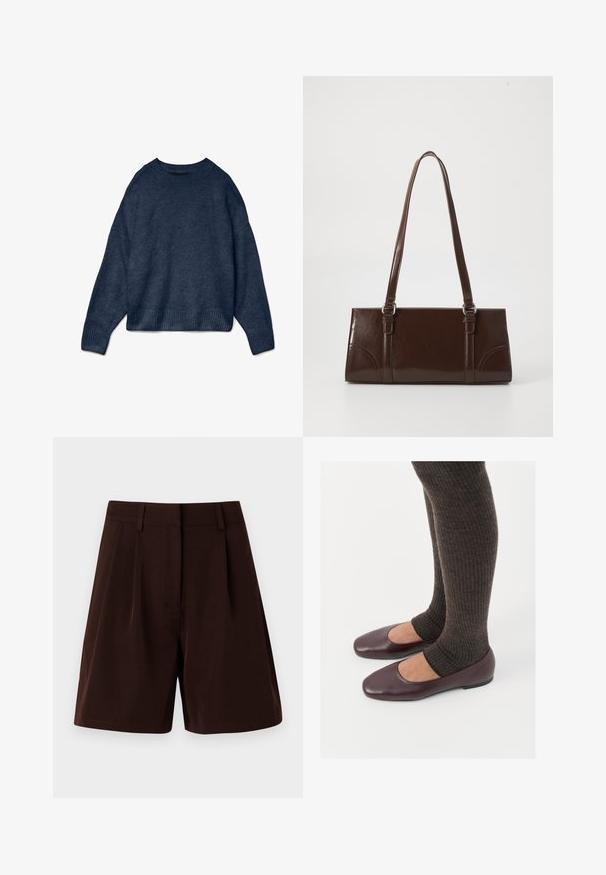 Marineblauwe ronde hals sweater met lange mouwen en geribbelde manchetten en onderrand, gemaakt van zachte gebreide stof.; Bruine geplooide shorts gemaakt van lichtgewicht stof. Voorzien van een klassieke tailleband en zijzakken, met een rechte snit en afgewerkte randen.; Bordeaux lakleren ballerina's met een vierkante neus, gecombineerd met donkerbruine geribbelde sokken die tot halverwege de kuit reiken.; Bruine lakleren handtas met een rechthoekige vorm, twee lange handvatten en subtiele gebogen accenten aan de voorkant.