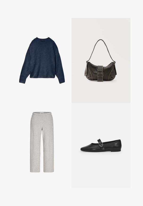 Marineblauwe ronde hals sweater met lange mouwen en geribbelde manchetten en onderrand, gemaakt van zachte gebreide stof.; Lichtgrijze sweatpants met rechte pijpen, elastische tailleband en een klein wit logo op de bovenkant van het dijbeen.; Zwarte leren platte schoen met een ronde neus, een enkele verstelbare gespsluiting en een gladde, glanzende textuur. Minimalistisch ontwerp met een lage hak.; Zwarte leren schoudertas met gespsluiting aan de riem, afgeronde hoeken en contrasterende witte stiksels op een effen achtergrond.