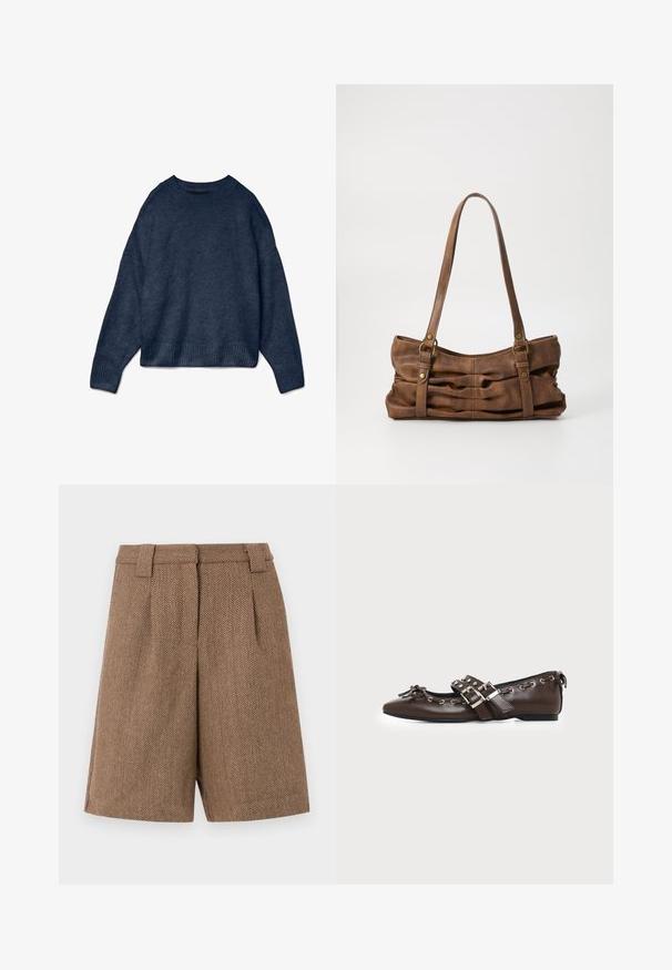 Mørkeblå crewneck sweater med lange ærmer samt ribbede manchetter og kant, lavet af blødt strikket stof.; Brune skræddersyede shorts med hætte mønster og bæltestropper samt frontfolder, præsenteret på en ensfarvet hvid baggrund.; Mørkebrune lædersko med flad sål og spids snude, dobbelt sølvsnørrebånd, metaløjer og dekorativ sløjfe foran.; Even&Odd by Zalando Håndtasker - brown