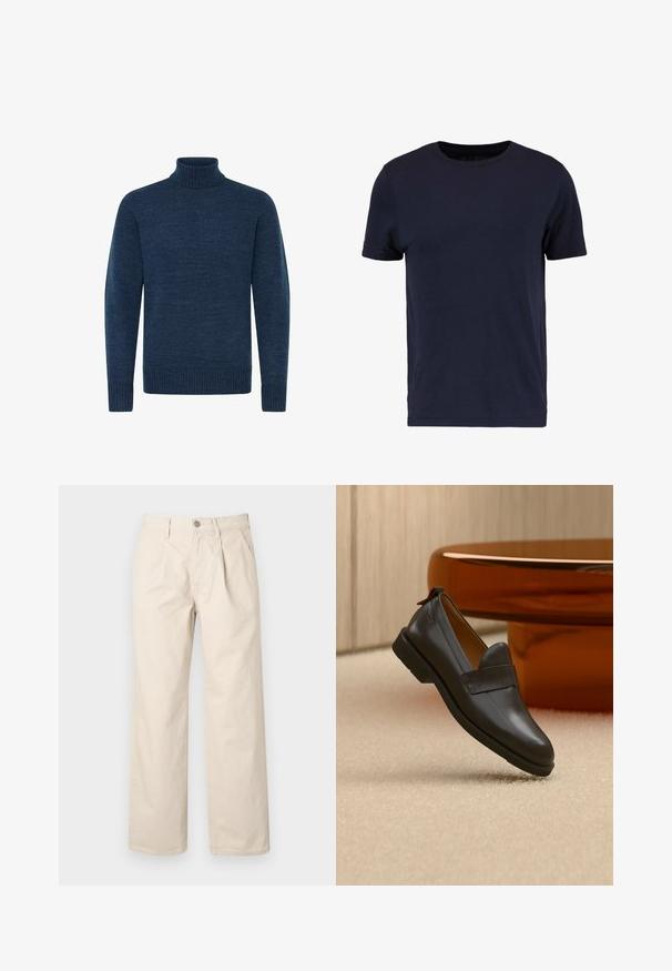 Tumesinine kõrge kaelusega sweater, mis on valmistatud tekstuurses kangas, pikkade varrukate ja soonikute aktsentidega kaeluses ja allservas.; Pier One Lihtne T-särk - dark blue; Beige laiad jalgadega püksid kõrge vöökohaga, mis on varustatud esiplekkide, esitupse ja siledast puuvillakangast.; Mustast nahast madala kontsaga loafer, mis hõljub beežil vaibal, lähedal läikiv merevaigukollast tooni lauale minimalistlikus ruumis.