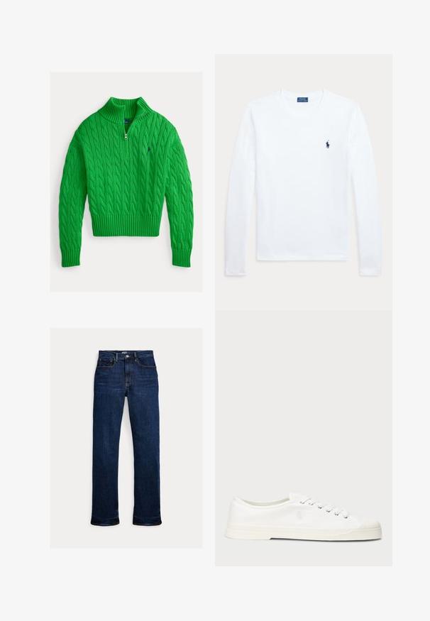 Grøn sweater med kabelstrik, høj krave og kvart lynlås. Har ribstrikket kant og manchetter samt et lille logo på brystet.; Hvid langærmet T-shirt med rund halsudskæring og lille mørkeblå Polo Ralph Lauren-logo på venstre bryst.; Mørkeblå straight-leg jeans med frontknap og lynlås, fem-lomme design og synlige syninger.; Hvide lærredssneakers med rund tå, snørelukning og diskret logo-detalje. Har en tekstureret overflade og gummisål.