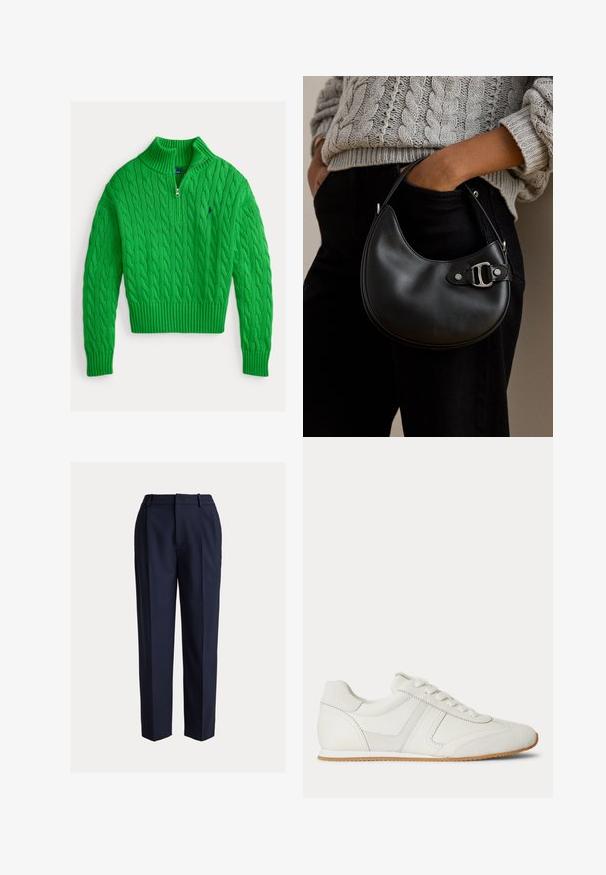 Grøn sweater med kabelstrik, høj krave og kvart lynlås. Har ribstrikket kant og manchetter samt et lille logo på brystet.; Marineblå, skræddersyede bukser med lige ben, med en glat struktur, forreste læg og bæltestropper. Ingen synlige lommer.; Hvid lavtop sneaker med snørelukning foran, ruskind- og læderpaneler og en lysebrun gummisål på en hvid baggrund.; Person iført en grå kabelstrikket sweater og sorte bukser, der holder en lille sort lædertaske med en sølv spænde detalje.