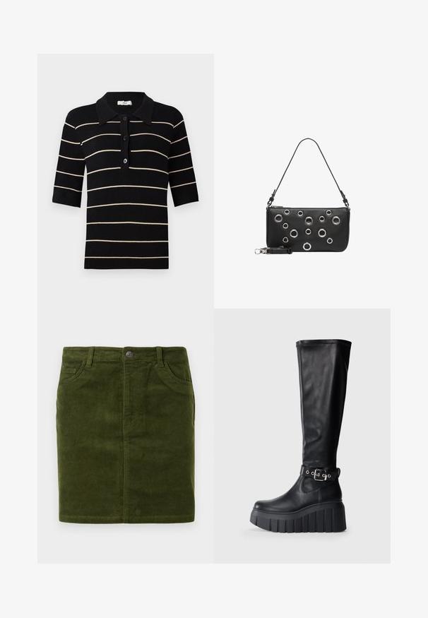 Polo de rayas negro y crema con mangas cortas, cierre de botones en la parte delantera y cuello acanalado. Fabricado con tela de punto de textura suave.; Falda de pana verde oscuro con corte recto, que presenta un diseño de cinco bolsillos y un cierre de botón metálico en la cintura.; Botas negras hasta la rodilla de cuero suave, con una suela de plataforma gruesa, un tacón robusto y un detalle de cinturón ajustable cerca del tobillo.; Bolso de cuero negro con ojales metálicos circulares plateados y correa de hombro desmontable sobre fondo blanco.