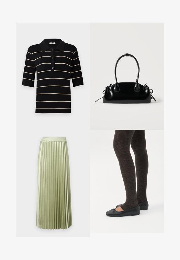 Polo shirt rayé noir et crème à manches courtes, avec boutons sur le devant et col en côte. Fabriqué en tissu tricoté avec une texture lisse.; Jupe midi plissée en satin vert clair avec une texture lisse. Taille ajustée, longueur mi-mollet, avec des plis verticaux réguliers sur toute la surface.; Jambes portant des leggings côtelés foncés associés à des ballerines noires avec de petits détails en nœud sur fond blanc.; Petit sac à main noir brillant avec deux longues anses et des détails à cordon sur les côtés sur un fond clair uni.