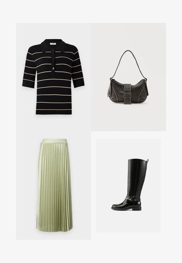 Polo shirt rayé noir et crème à manches courtes, avec boutons sur le devant et col en côte. Fabriqué en tissu tricoté avec une texture lisse.; Jupe midi plissée en satin vert clair avec une texture lisse. Taille ajustée, longueur mi-mollet, avec des plis verticaux réguliers sur toute la surface.; Bottes noires montantes en cuir verni, avec un détail de boucle argentée à la cheville et une conception à bout arrondi. Semelle plate.; Sac à épaule en cuir noir avec une sangle à boucle, des bords arrondis et des coutures blanches contrastées sur un fond uni.
