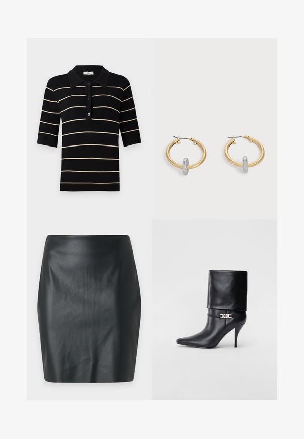 Polo de rayas negro y crema con mangas cortas, cierre de botones en la parte delantera y cuello acanalado. Fabricado con tela de punto de textura suave.; Minifalda negra de piel sintética con una textura suave, corte ajustado y recto. Sin herrajes ni adornos visibles.; Botín de cuero negro hasta el tobillo con punta afilada, tacón alto de aguja, puño doblado y un detalle decorativo de hebilla dorada en el tobillo.; Par de pendientes de aro en tono dorado con pequeño detalle de aro en tono plateado en cada uno, expuestos sobre un fondo gris claro.