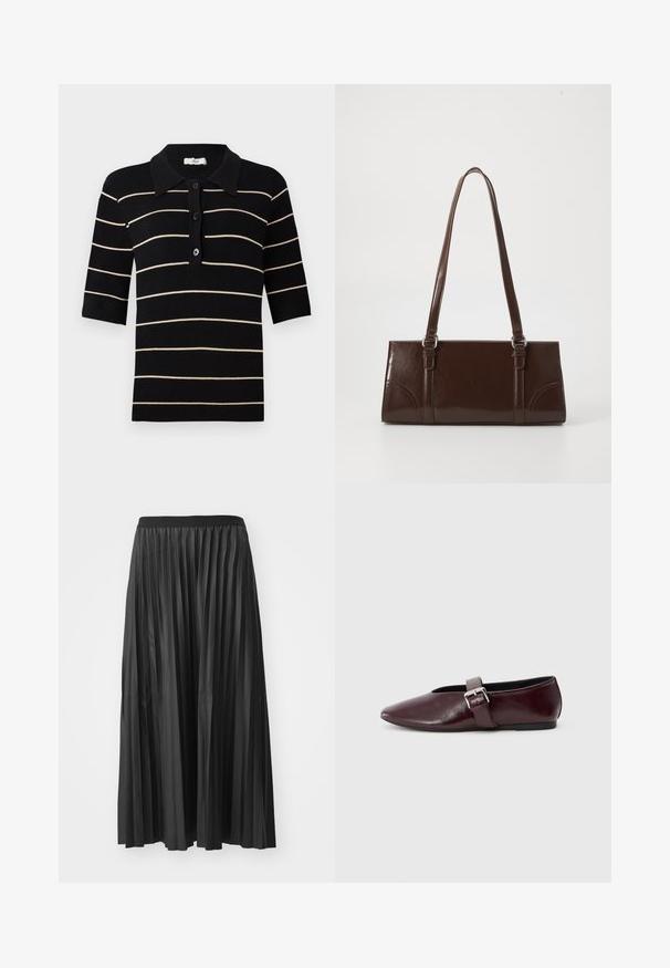 Zwart en crèmekleurig gestreepd polo-shirt met korte mouwen, knoopsluiting aan de voorkant en ribbelkraag. Gemaakt van gebreide stof met een gladde textuur.; Zwarte geplisseerde maxi rok met een gladde textuur en een elastische tailleband, met verticale plooien die volume en beweging creëren.; Bordeaux leren balletschoenen met een puntige neus, een platte zool en een decoratieve gesp over de wreef. Glad, glanzend oppervlak.; Bruine lakleren handtas met een rechthoekige vorm, twee lange handvatten en subtiele gebogen accenten aan de voorkant.