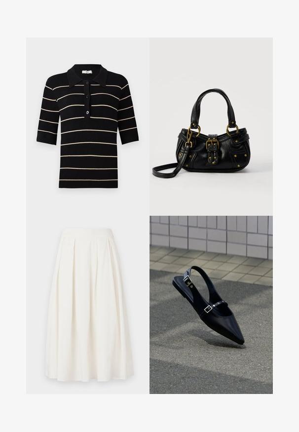 Zwart en crèmekleurig gestreepd polo-shirt met korte mouwen, knoopsluiting aan de voorkant en ribbelkraag. Gemaakt van gebreide stof met een gladde textuur.; Witte geplooide rok van katoen, met een middellange stijl, een gladde tailleband en een A-lijn silhouet.; Zwarte platte slingback met spits toelopende neus en dubbele gespsluitingen, rustend op grijs asfalt bij een achtergrond van betegelde muur.; Zwarte leren handtas met gouden gesp en klinknagel details, korte handvatten en een verstelbare schouderriem op een effen witte achtergrond.