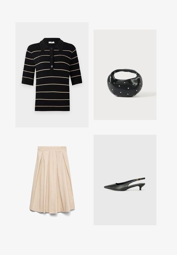 Schwarz-weiß gestreiftes Poloshirt mit kurzen Ärmeln, Knopfleiste und geripptem Kragen. Hergestellt aus gestricktem Stoff mit glatter Oberfläche.; Beiger Midirock mit hoher Taille und vorderen Falten, ausgestellter Silhouette und glattem Stoff.; Schwarzer Slingback-Schuh mit spitzem Zehenbereich aus glattem Leder. Mit einem dünnen Absatz und einer dekorativen Schnalle am verstellbaren Riemen.; Schwarze Lederhandtasche mit abgerundeter Form, verziert mit silbernen Nietenakzenten und kurzem Griff. Glatte Struktur und Reißverschlussverschluss.