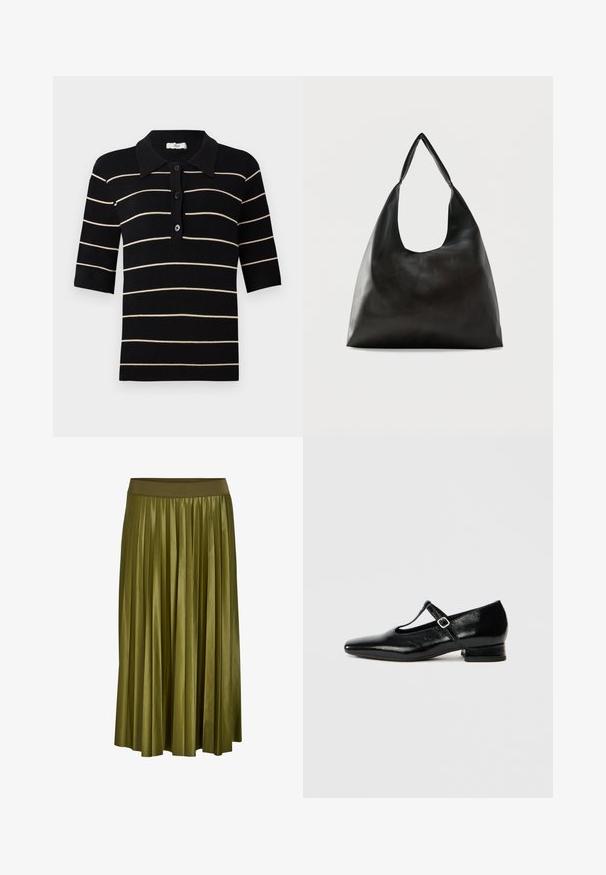 Polo shirt rayé noir et crème à manches courtes, avec boutons sur le devant et col en côte. Fabriqué en tissu tricoté avec une texture lisse.; Jupe midi plissée vert kaki avec une large ceinture élastique et une texture de tissu lisse.; Chaussures Mary Jane en cuir noir avec bout pointu, petit talon carré et bride ajustable avec une boucle argentée. Texture lisse et brillante.; Sac bandoulière en cuir noir lisse avec une large sangle unique et un design décontracté et minimaliste sur un fond uni.