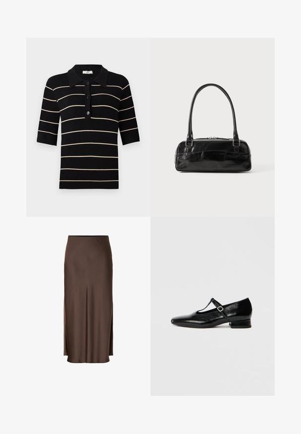 Zwart en crèmekleurig gestreepd polo-shirt met korte mouwen, knoopsluiting aan de voorkant en ribbelkraag. Gemaakt van gebreide stof met een gladde textuur.; Bruine satijnen rok met een rechte pasvorm, voorzien van zijsplitten voor een gemakkelijke bewegingsvrijheid en een gladde textuur in de stof.; Zwarte leren Mary Jane schoenen met een puntige neus, een kleine blokhak en een verstelbare riem met een zilveren gesp. Gladde, glanzende textuur.; Zwarte leren handtas met een rechthoekige vorm, voorzien van een enkele gestructureerde handgreep, zilveren hardware en ritsluiting. Gladde textuur.