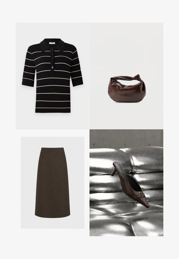 Polo de rayas negro y crema con mangas cortas, cierre de botones en la parte delantera y cuello acanalado. Fabricado con tela de punto de textura suave.; Falda midi marrón oscuro de corte recto con una textura suave, mostrada sobre un fondo liso y claro.; Mule de tacón marrón con punta puntiaguda y detalle de hebilla, flotando sobre una superficie de cuero plateado brillante y capitoné.; Bolso de hombro de cuero marrón oscuro con una forma suave y caída, y un asa con nudo torcido sobre un fondo blanco liso.