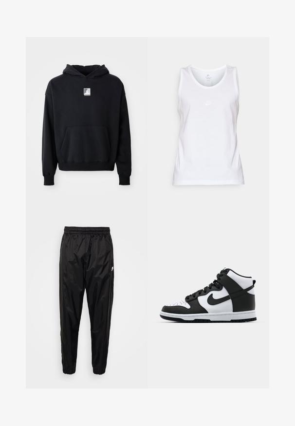 Sort hættetrøje med frontlomme og lille hvid Jordan-logo centreret på brystet, præsenteret på en ensfarvet hvid baggrund.; Hvid bomulds tanktop med rund hals, ærmeløst design og et lille tonet Nike-logo på forsiden. Glat tekstur.; Sorte træningsbukser lavet af let, skinnende materiale med elastisk talje, tætsiddende pasform og med lynlåslommer. Har et logo som accent.; Sort og hvid høj-top sneakers med læderoverdel, perforeret tåboks, fremtrædende swoosh-logo og struktureret gummisål.