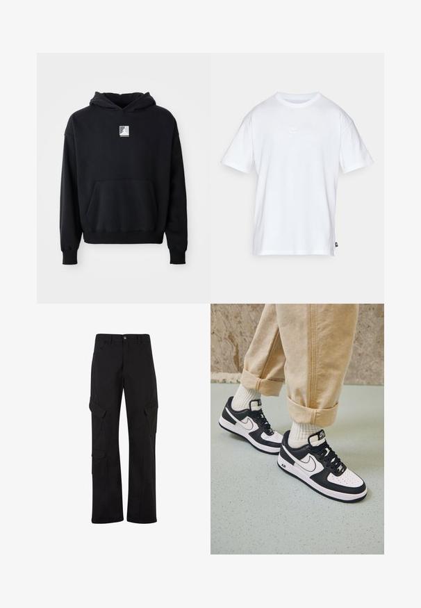 Sort hættetrøje med frontlomme og lille hvid Jordan-logo centreret på brystet, præsenteret på en ensfarvet hvid baggrund.; Hvid bomulds T-shirt med korte ærmer og rund hals. Har et lille, diskret Nike-logo på brystet og et sidelabel.; Sorte bomulds cargo bukser med lige ben-design, der har flere sidelommer og en knaplukning i taljen.; Sorte og hvide Nike Air Force 1 sneakers med læderoverdel, perforeret tå og tekstureret såldetalje, båret med rullede beige bukser og hvide sokker.