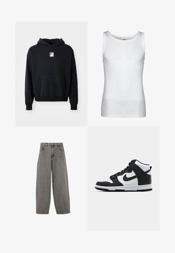 Zwarte hoodie met een voorzak en een klein wit Jordan-logo gecentreerd op de borst, weergegeven op een eenvoudige witte achtergrond.; Witte ribgebreide mouwloze tanktop met ronde halslijn en rechte zoom, getoond op een effen achtergrond.; Grijze denimbroek met een hoge taille, wijd gesneden pijpen, klassiek vijf-pocket ontwerp en een knoopsluiting aan de voorkant. Licht gestructureerde afwerking.; Zwart-witte hoge sneakers met leren bovenwerk, geperforeerde neus, prominente swoosh-logo en een getextureerde rubberen zool.