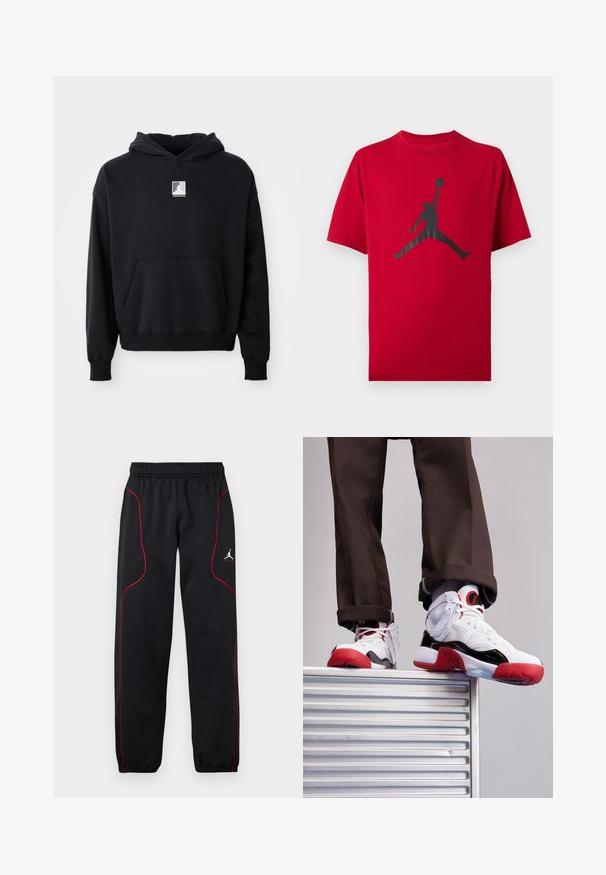 Zwarte hoodie met een voorzak en een klein wit Jordan-logo gecentreerd op de borst, weergegeven op een eenvoudige witte achtergrond.; Rood T-shirt met korte mouwen met zwarte silhouet van een basketbalspeler die springt en de bal hoog vasthoudt met één hand.; Zwarte sportbroek met rode bies, elastische tailleband en manchetten, en een klein wit Jumpman-logo op de rechterdij.; Witte en zwarte sport schoenen met rode accenten. Gemaakt van mesh en leer, met een ronde neus en een getextureerde rubberen zool.