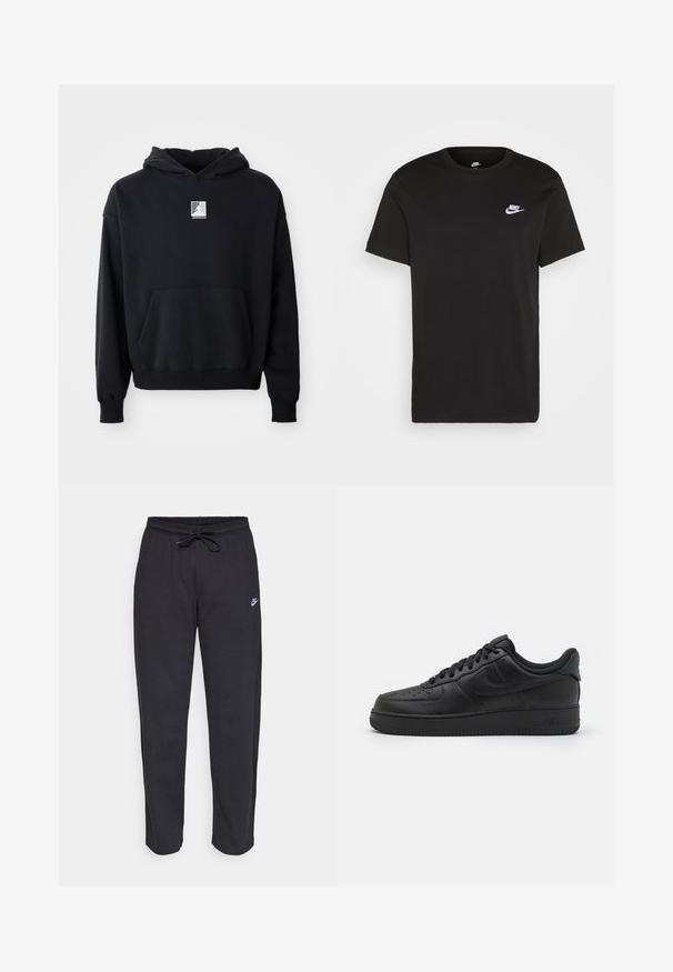 Sort hættetrøje med frontlomme og lille hvid Jordan-logo centreret på brystet, præsenteret på en ensfarvet hvid baggrund.; Sort bomuld T-shirt med korte ærmer, rund hals og et lille hvidt Nike-logo på den øverste venstre bryst. Glat tekstur. Klassisk pasform.; Sorte sweatpants lavet af blødt stof med elastisk talje, snøre og et lille Nike-logo på venstre lår.; Nike Sportswear AIR FORCE 1 07 FLYEASE - Sneakers - black