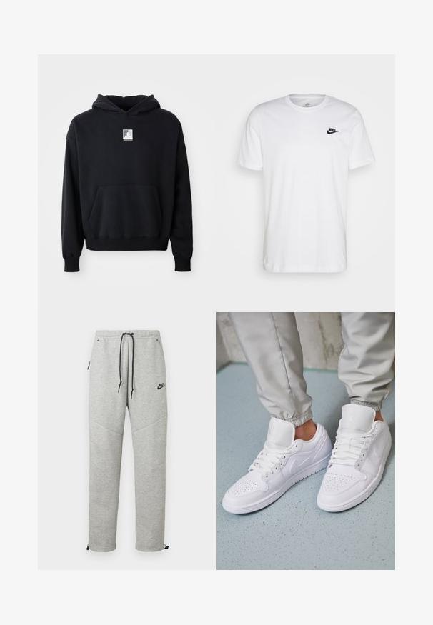Schwarzer Kapuzenpullover mit einer Fronttasche und kleinem weißen Jordan-Logo, das mittig auf der Brust platziert ist, auf einem schlichten weißen Hintergrund präsentiert.; Weißes Baumwoll-T-Shirt mit Rundhalsausschnitt, kurzen Ärmeln und einem schwarzen Nike-Logo auf der linken Brust. Einfaches, einfarbiges Design.; Graue Nike Sweatpants mit einem Kordelzugbund, Seitentaschen und elastischen Bündchen. Sie haben eine glatte Textur und ein kontrastierendes schwarzes Logodetail.; Weiße Ledersneaker mit perforierter Zehenbox, flachen Schnürsenkeln, gepolstertem Kragen und dem Jordan-Logo auf der Zunge. Getragen mit grauen Jogginghosen.