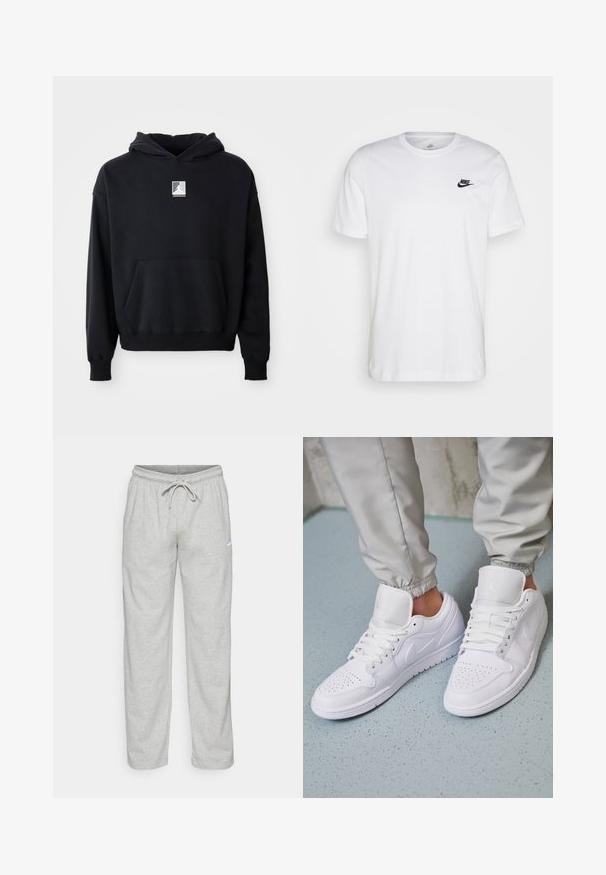 Zwarte hoodie met een voorzak en een klein wit Jordan-logo gecentreerd op de borst, weergegeven op een eenvoudige witte achtergrond.; Witte katoenen t-shirt met ronde hals, korte mouwen en een zwart Nike-logo op de linkerkant van de borst. Eenvoudig, effen kleur ontwerp.; Lichtgrijze sweatpants van zachte stof. Heeft een elastische tailleband met trekkoord en een zwart Nike-logo op de linker bovenbeen.; Witte leren sneakers met een geperforeerde neus, platte veters, een gepolsterde kraag en het Jordan-logo op de tong. Gediend met grijze joggers.