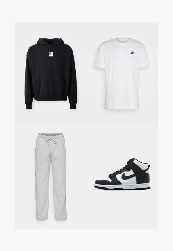 Haut à capuche noir avec poche avant et petit logo Jordan blanc centré sur la poitrine, présenté sur un fond blanc uni.; T-shirt en coton blanc avec col rond, manches courtes et logo Nike noir sur la poitrine gauche. Design simple, couleur unie.; Pantalon de survêtement gris clair en tissu doux. Dispose d'une taille élastique avec cordon de serrage et logo Nike en noir sur la cuisse gauche.; Baskets montantes noir et blanc avec tige en cuir, boîte à orteils perforée, logo swoosh proéminent et semelle en caoutchouc texturée.