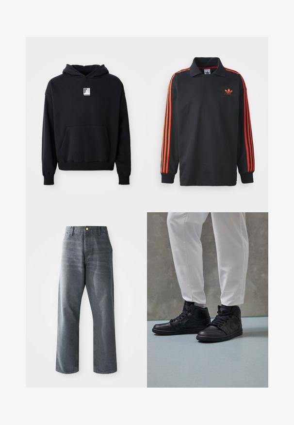 Schwarzer Kapuzenpullover mit einer Fronttasche und kleinem weißen Jordan-Logo, das mittig auf der Brust platziert ist, auf einem schlichten weißen Hintergrund präsentiert.; Schwarzes Langarm-Polo mit Kragen, das rote Streifen an den Ärmeln und ein kleines rotes Logo auf der Brust trägt. Glatte Stoffstruktur.; Lockere Herren-Jeans aus grauem Denim mit weitem Bein, vorderen Taschen und einem sichtbaren goldenen Knopf am Bund.; Schwarze High-Top-Sneaker aus glattem Leder, mit runder Zehenpartie und Schnürung; kombiniert mit weißen, schmal geschnittenen Hosen, auf einem strukturierten Boden präsentiert.