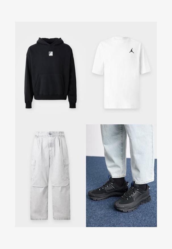Sort hættetrøje med frontlomme og lille hvid Jordan-logo centreret på brystet, præsenteret på en ensfarvet hvid baggrund.; Hvid bomuld T-shirt med rund hals og korte ærmer. Den har et lille sort Jordan-logo på venstre brystområde.; Lysegrå cargobukser med knap- og lynlåslukning, sidelommer med klap og lige ben.; Sorte træningssko med tekstureret stof og gummisåler, udstyret med elastiske snørebånd og en blå detalje på hælen. Bæres med lyse denimbukser.