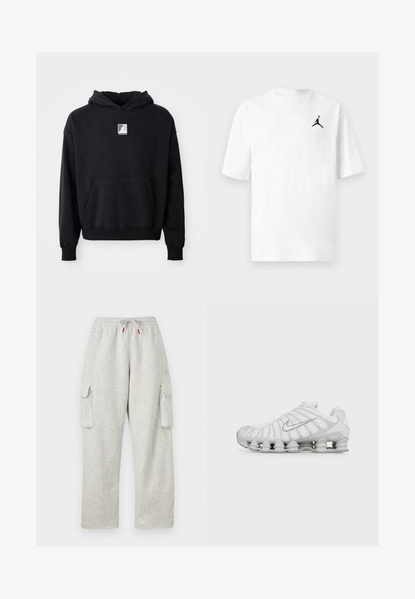 Haut à capuche noir avec poche avant et petit logo Jordan blanc centré sur la poitrine, présenté sur un fond blanc uni.; T-shirt en coton blanc avec un col rond et des manches courtes. Il présente un petit logo Jordan noir sur la poitrine gauche.; Pantalon de survêtement gris clair avec taille élastique, cordon avec embouts rouges et grandes poches à rabat sur les deux cuisses.; Baskets blanches Nike avec un design ondulé distinctif et un amorti type ressort sur la semelle, vues de côté sur un fond uni.