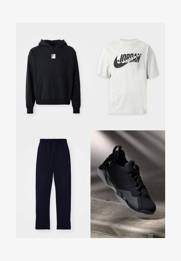 Sort hættetrøje med frontlomme og lille hvid Jordan-logo centreret på brystet, præsenteret på en ensfarvet hvid baggrund.; Lysegrå kortærmet t-shirt med sort Nike swoosh og "JORDAN AIR" tekst på fronten.; Sorte sweatpants lavet af blødt materiale. Har en elastisk talje med snoretræk og sidelommer. Lige ben design.; Sort sportssko med mesh og syntetisk overdækning, der har et tekstureret design, gummisål og Jordan-logo på siden.
