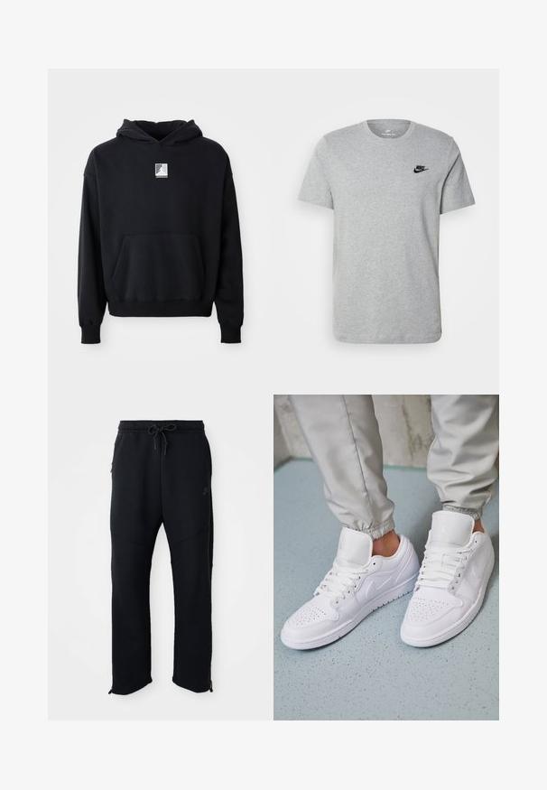 Schwarzer Kapuzenpullover mit einer Fronttasche und kleinem weißen Jordan-Logo, das mittig auf der Brust platziert ist, auf einem schlichten weißen Hintergrund präsentiert.; Graues T-Shirt mit kurzen Ärmeln aus Baumwolle, mit einem schwarzen Nike-Logo auf der Brust und einem runden Ausschnitt. Minimalistisches Design ohne Muster.; Schwarze Sporthose mit elastischem Bund und Kordelzug, seitlichen Taschen, schmal zulaufenden Beinen und Reißverschlüssen an den Knöcheln. Glatte Textur.; Weiße Ledersneaker mit perforierter Zehenbox, flachen Schnürsenkeln, gepolstertem Kragen und dem Jordan-Logo auf der Zunge. Getragen mit grauen Jogginghosen.